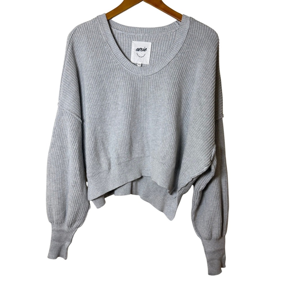 Aerie Womens Sweater Medium Grey Ribbed Knit Balloon Sleeve Relaxed Cozy Soft